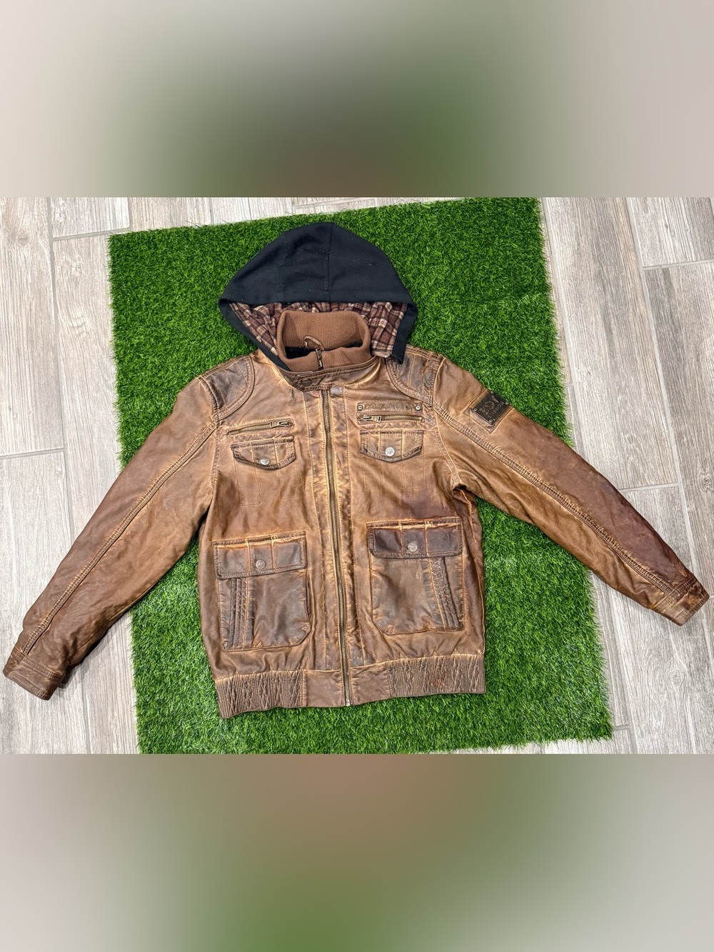 BOY London Men’s Brown Bomber Jacket Hooded Full Zip Quilted Logo Size M